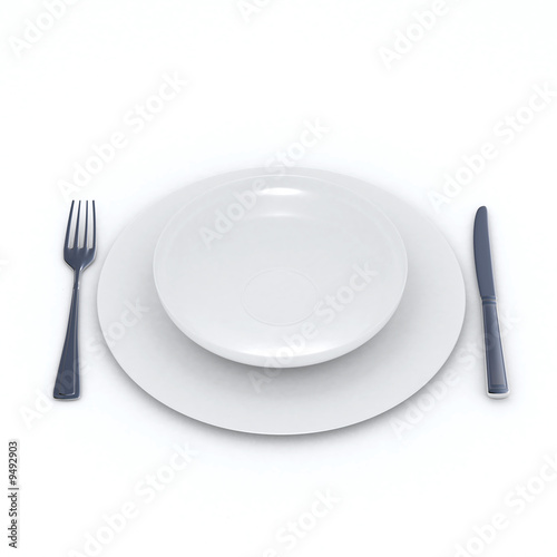 3D rendering of a place setting with two simple white dishes