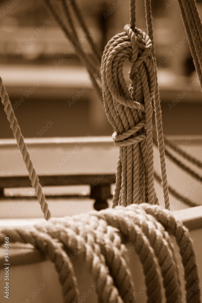 Fototapeta premium Close up of a rigging element of an old sail boat in Barcelona