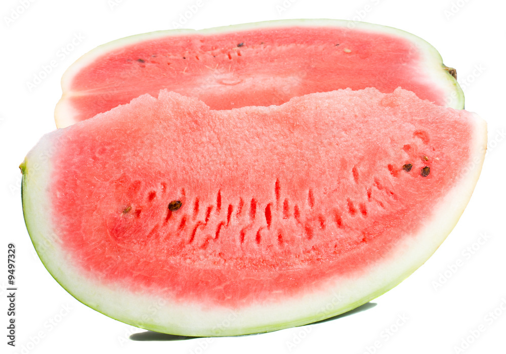 close-up slice and half of wattermelon, isolated on white