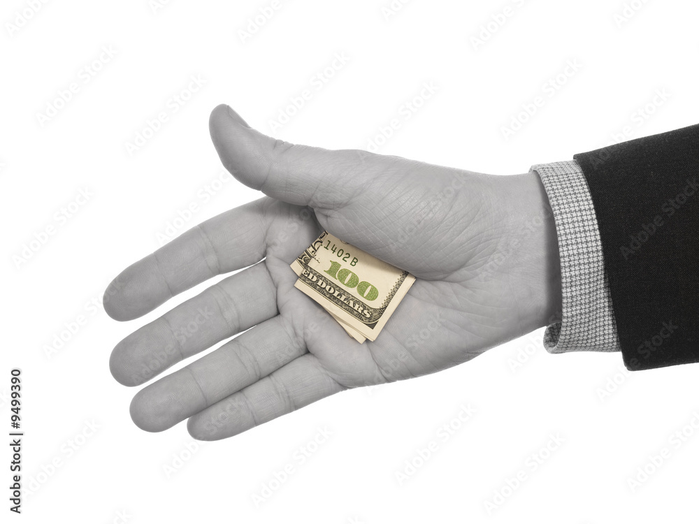 Fototapeta premium A black and white hand hiding a colorful hundred dollars tip.