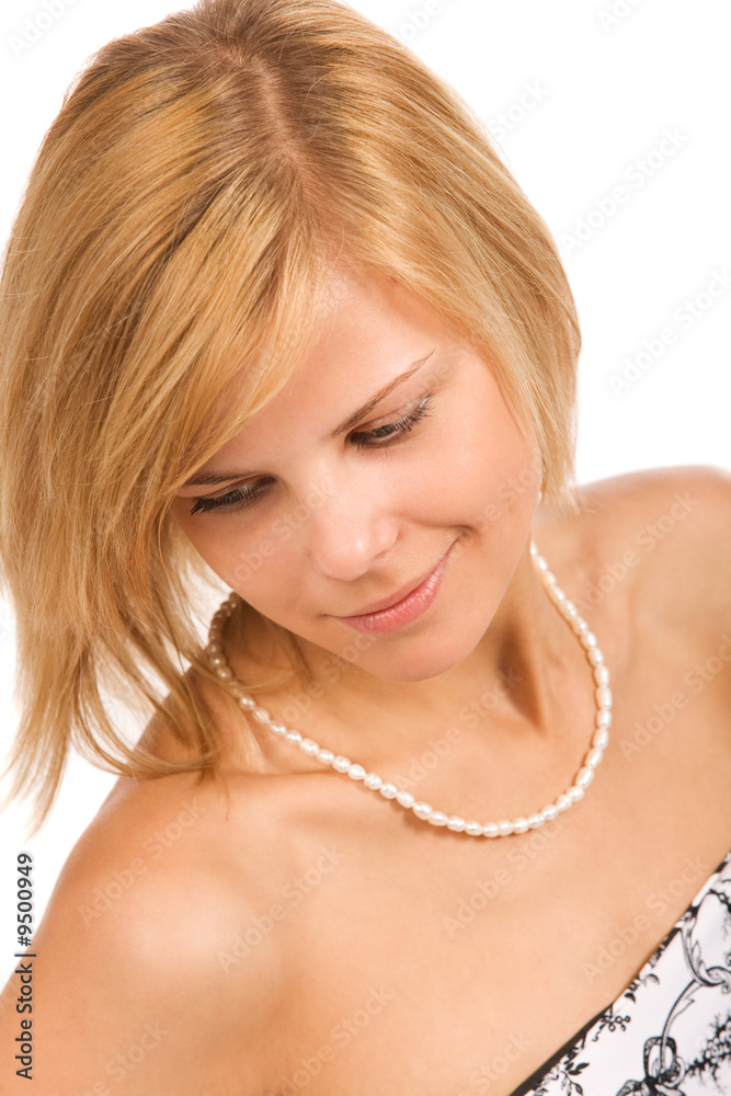 close-up portrait of pretty woman on white background