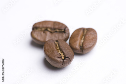 Close up of three coffee beans on white background