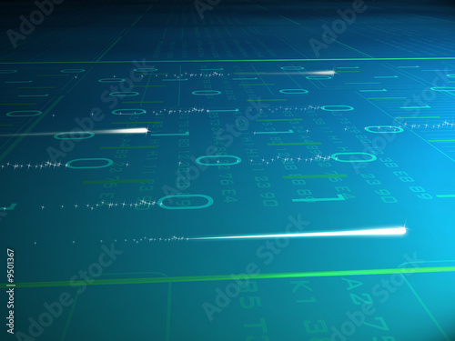 Binary code streaming across a teal colored surface.