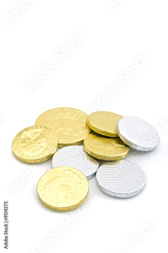 hanukkah gelt - chocolate coines isolated on white