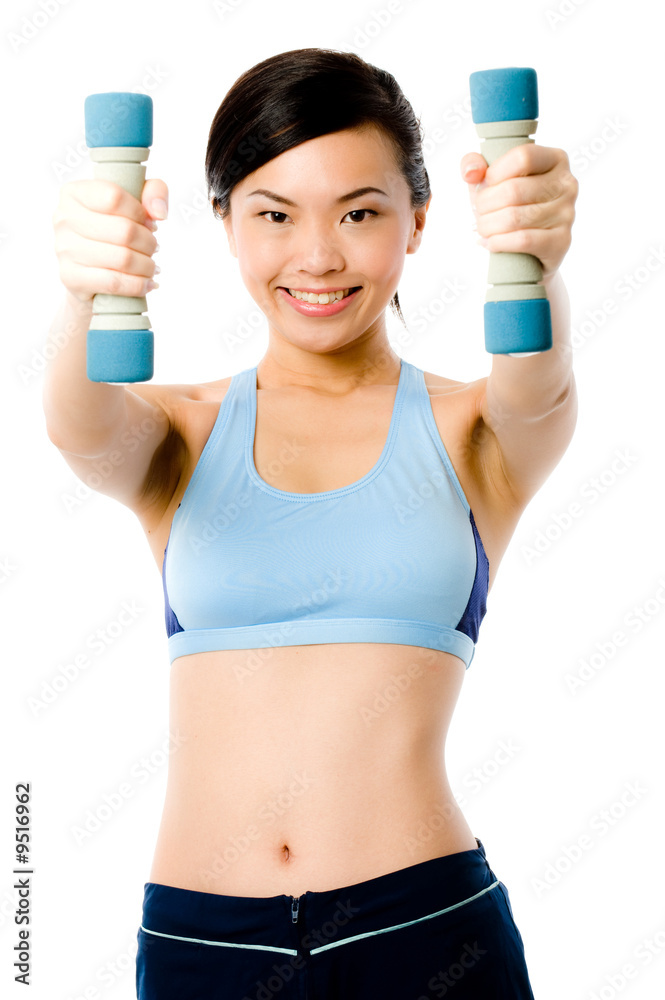 A young attractive Asian woman in sportswear with dumbbells A young attractive Asian woman in sportswear with dumbbells