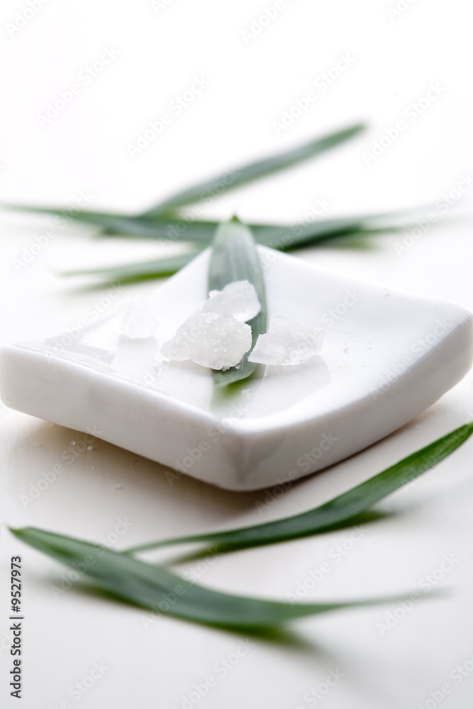 White bath salt on fresh green leaf White bath salt on fresh green leaf