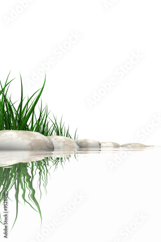 Stones & grass at waters edge isolated on white