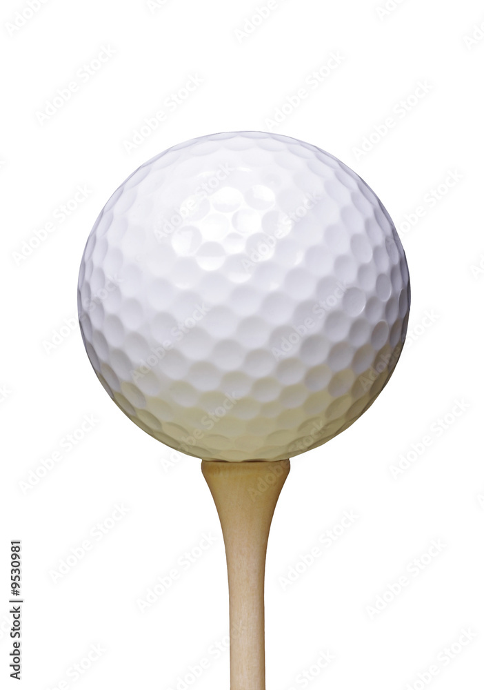 Golf Ball On Wooden Tee, White Background Golf Ball On Wooden Tee, White Background