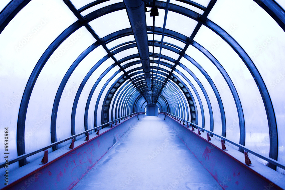 Blue glass corridor with concentric circls Blue glass corridor with concentric circls