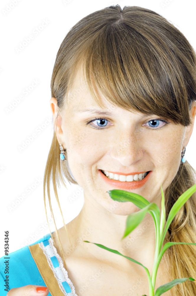 pretty blue-eyed girl with bamboo, isolated on white pretty blue-eyed girl with bamboo, isolated on white