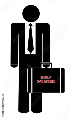 business man holding briefcase saying help wanted