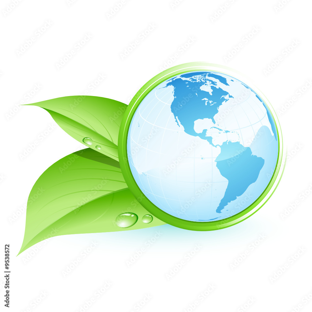 Planète terre bleue et feuilles vertes
