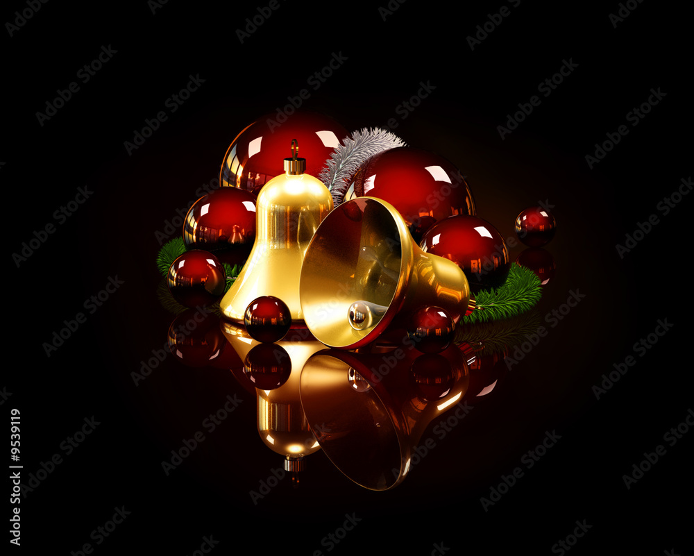 Golden jingle bells with red ornaments and fir branch