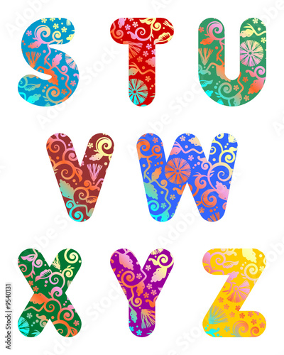 Ornate decorative letters S - Z, part 3 of alphabet set
