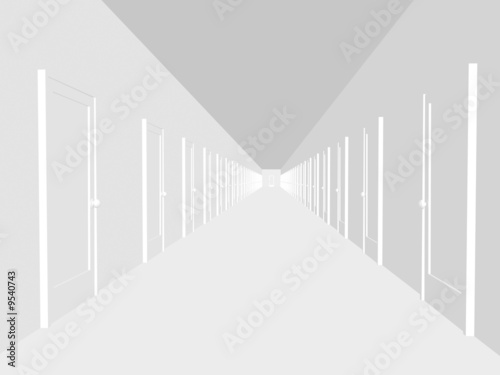 Abstract white corridor with the closed doors