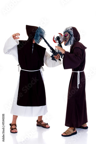 Holiday scene, two Halloween characters, priests in habit