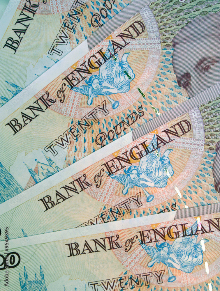 Closeup of English twenty pound currency notes