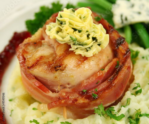 Chicken fillet mignon wrapped in bacon mashed potato