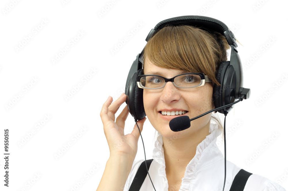 Beautiful smiling businesswoman with headphones Beautiful smiling businesswoman with headphones
