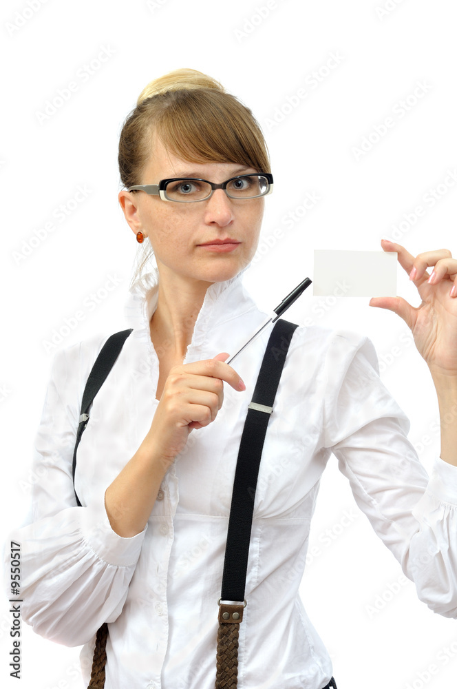 Attractive businesswoman with visit card, isolated on white Attractive businesswoman with visit card, isolated on white