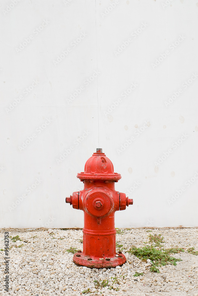 red hydrant in front of plain white fence