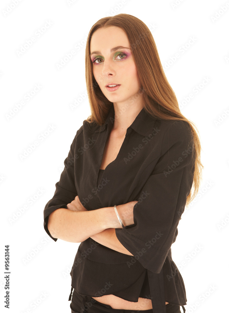 Young adult brunette businesswoman in a black office outfit Young adult brunette businesswoman in a black office outfit