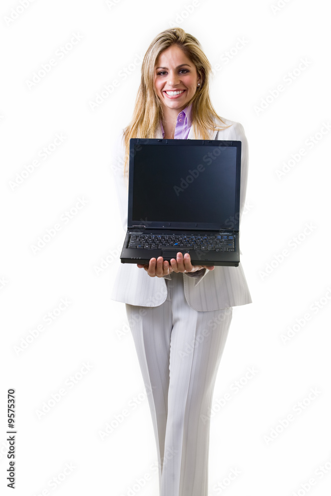 Woman in grey business suit showing the screen of laptop Woman in grey business suit showing the screen of laptop