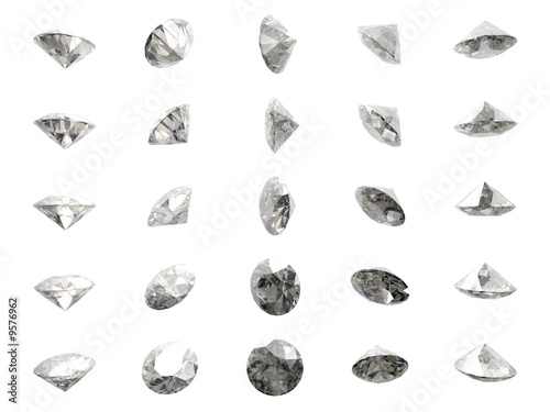 Many isolated brilliant cut diamonds on white background