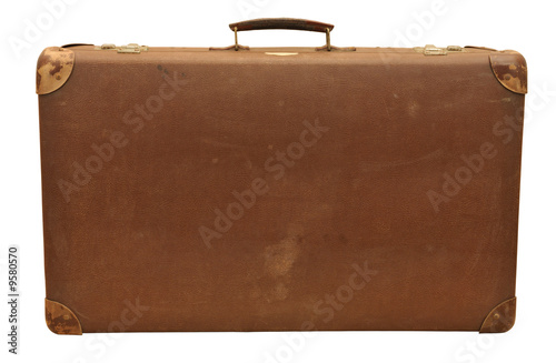 Old wooden suitcase, isolated on white background.