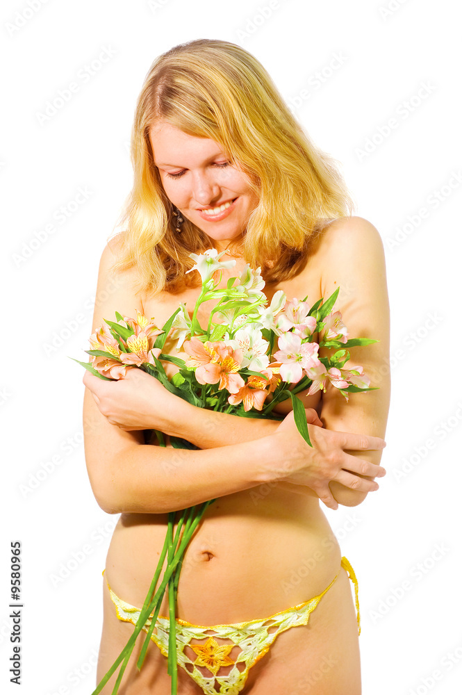 topless pin-up young woman with flowers