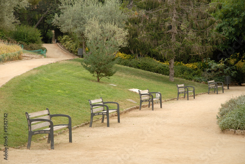Empty benches in Park Guell, Barcelona Spain