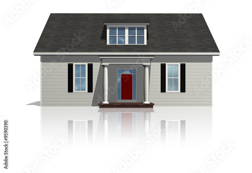 Front view of a plain house on a bright, reflective surface.