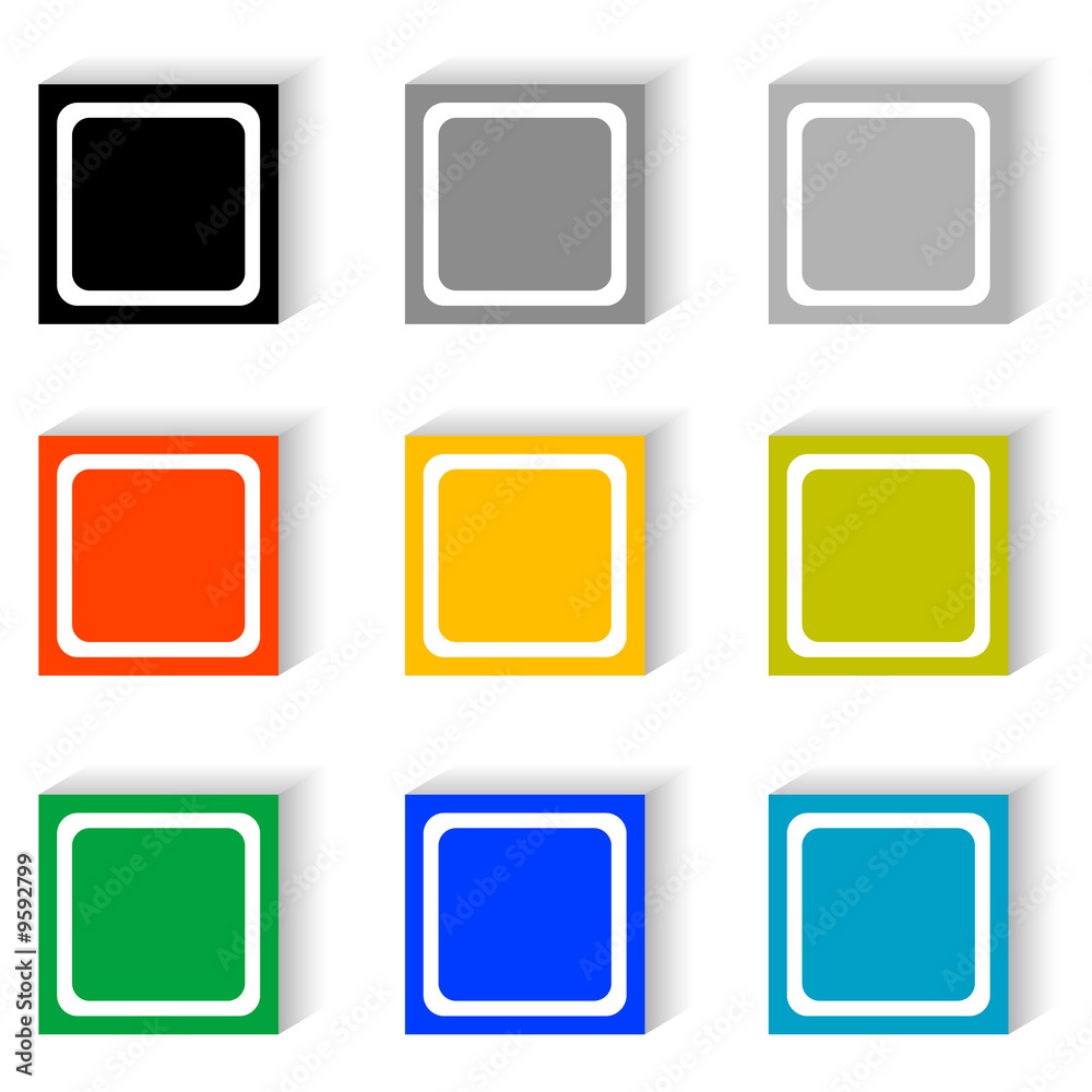 Set of cube buttons in nine different colors. Set of cube buttons in nine different colors.