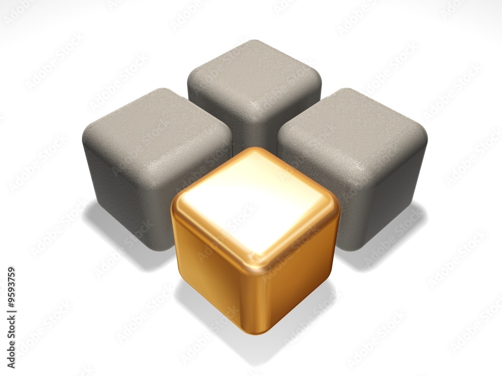 Gold cube about grey cubes on a white background Gold cube about grey cubes on a white background