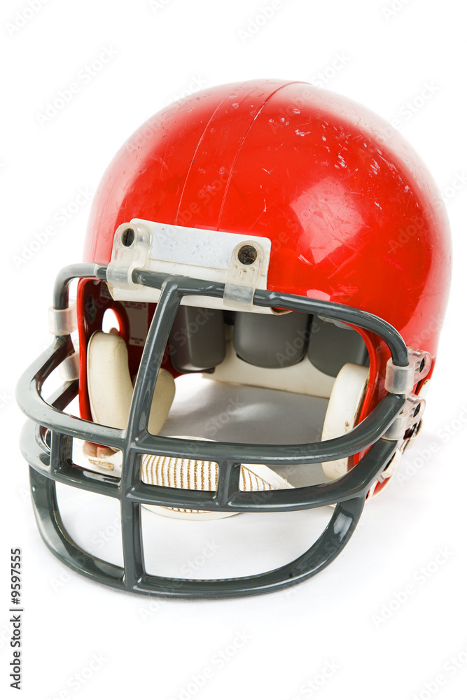 Fototapeta premium Weathered old football helmet, isolated on white.