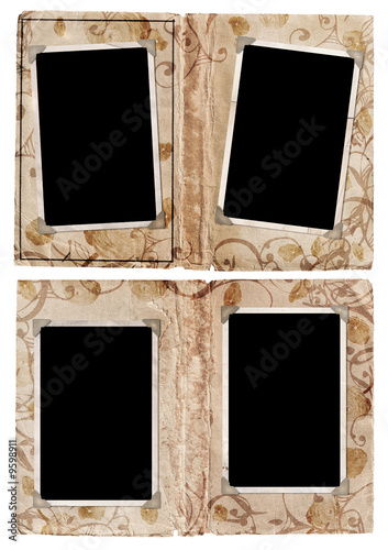 Grunge album pages with empty photo frames and corners