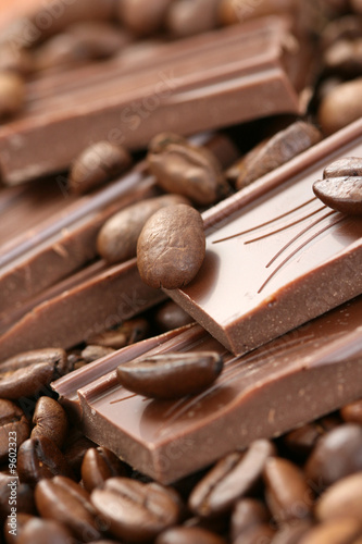 close-ups of dark chocolate and coffee beans