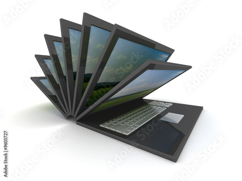 opening laptop on a white b...