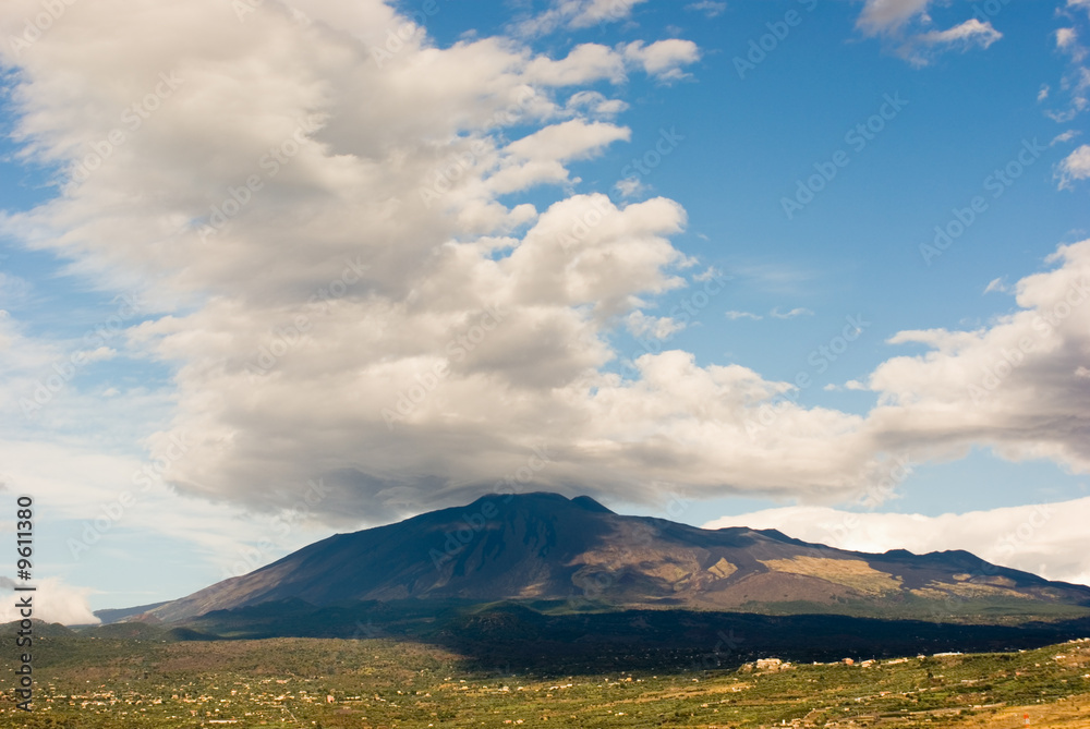 The volcano Etna coverd by big cloud