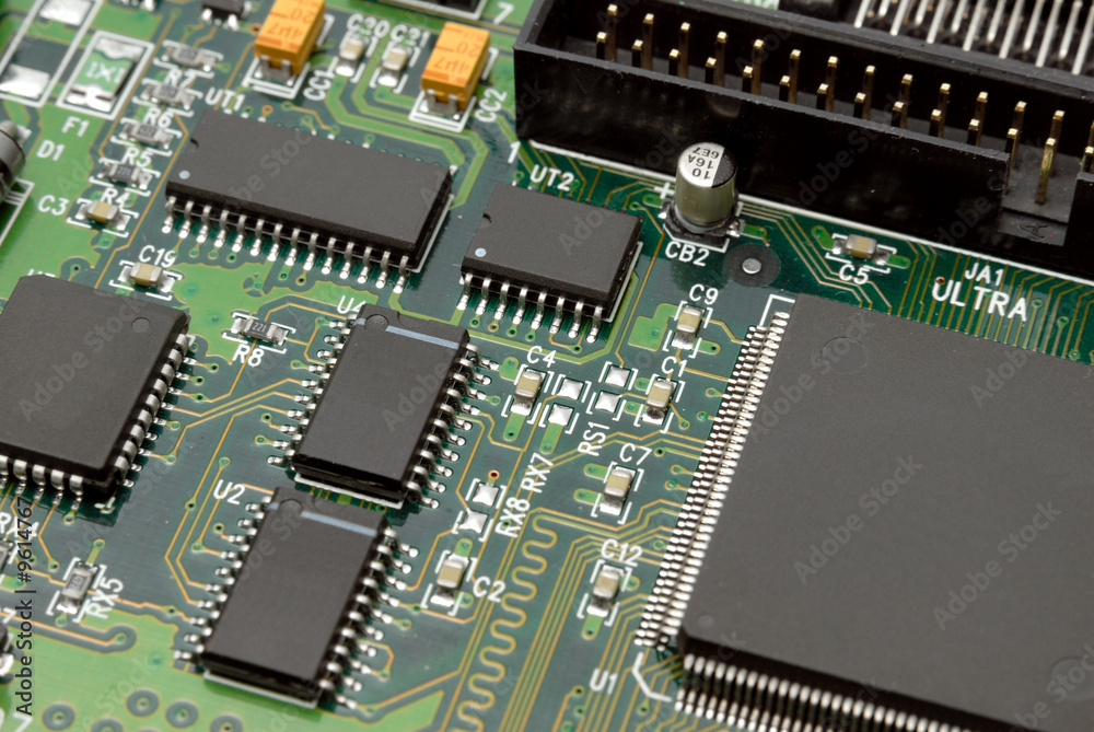 Printed-circuit-board with computer chips resistors condensers Printed-circuit-board with computer chips resistors condensers