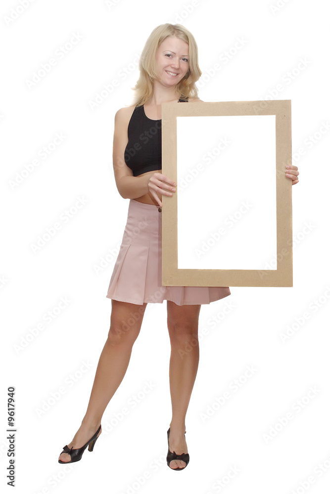 Blonde girl stands holding frame for your text Blonde girl stands holding frame for your text