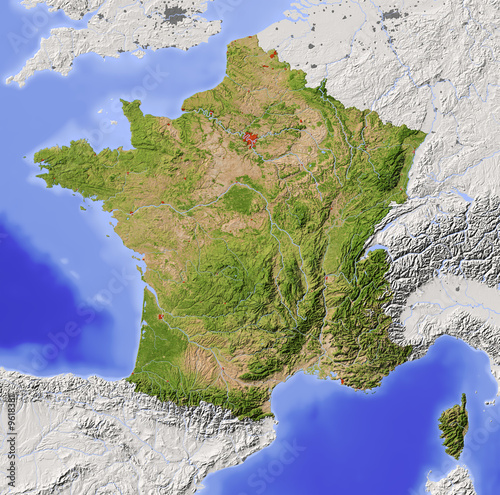 France. Shaded relief map with natural colors.