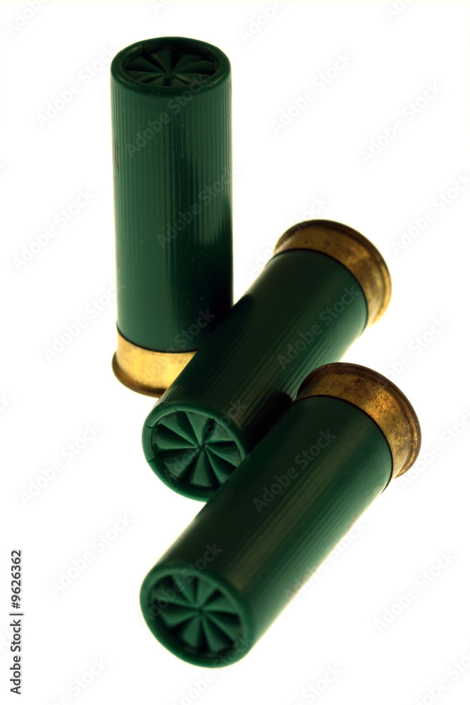 Fototapeta premium Isolated on white unused green shotgun shells
