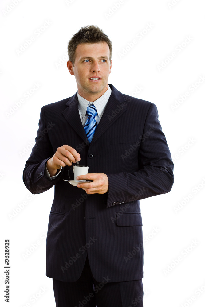 businessman drinking coffee, smiling, isolated on white. businessman drinking coffee, smiling, isolated on white.