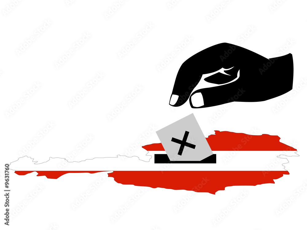 hand voting in Austrian election with map and flag of Austria hand voting in Austrian election with map and flag of Austria