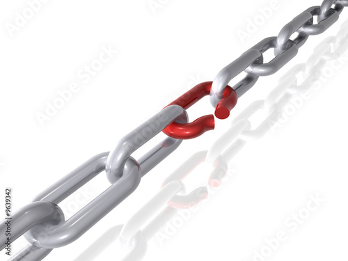 3D render of a chain with broken link. Isolated on white. photo