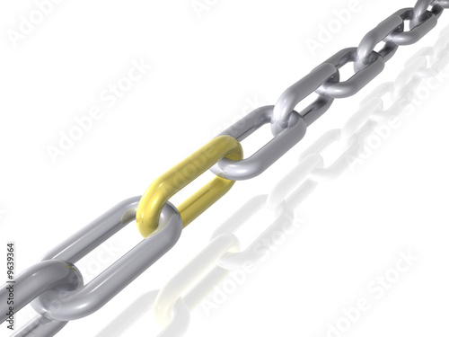 3D render of a chain with golden link. Isolated on white.