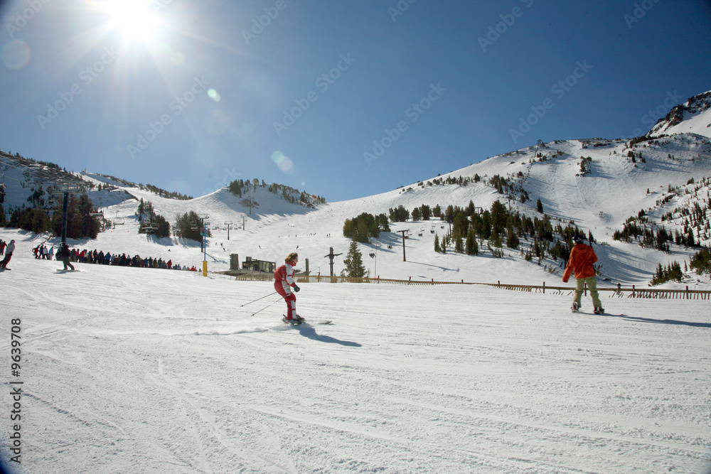 skiers at ski ressort, beginning woman