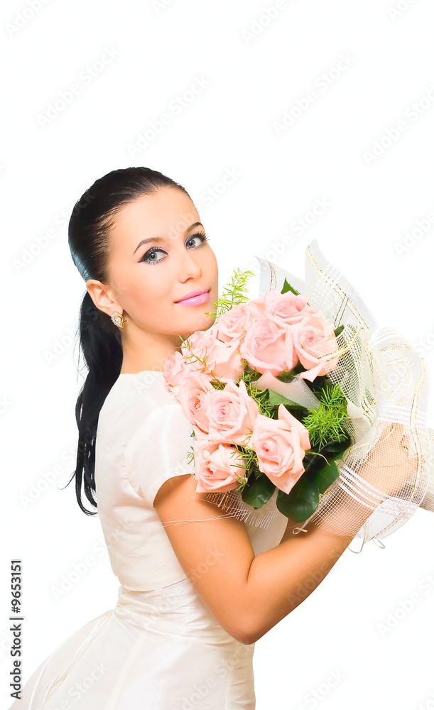Young bride Girl with roses isolated on white Young bride Girl with roses isolated on white