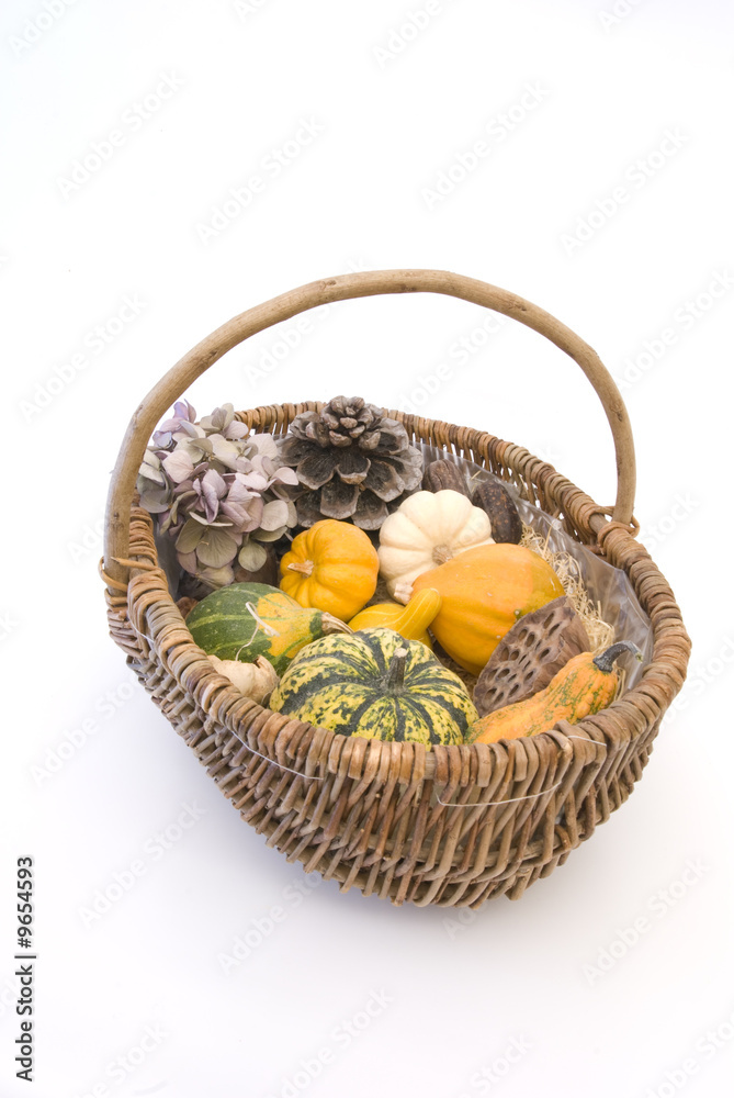 Wicker basket with autumn fruit and vegetables, isolated